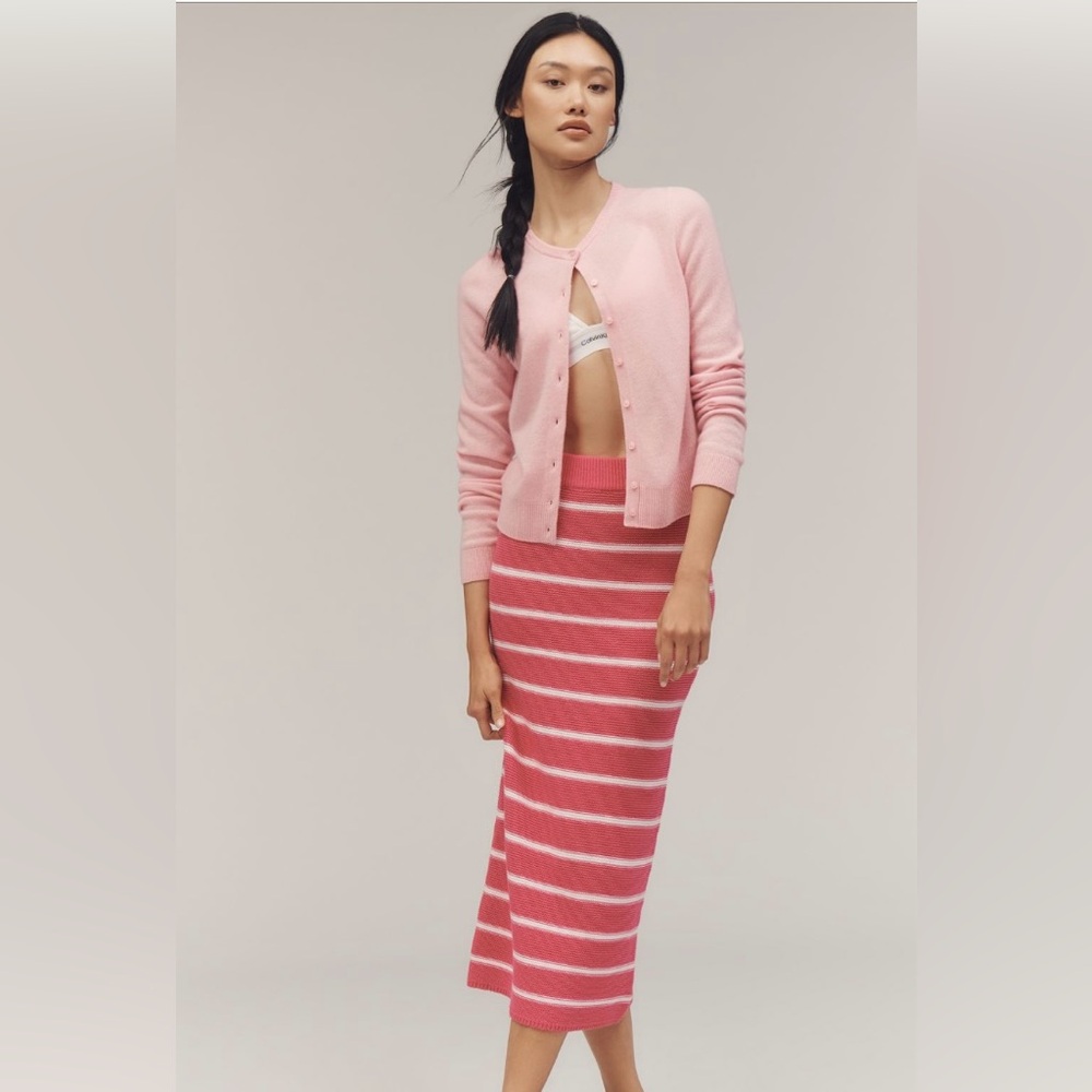 Anthropologie English Factory Pink and White Striped Midi Skirt